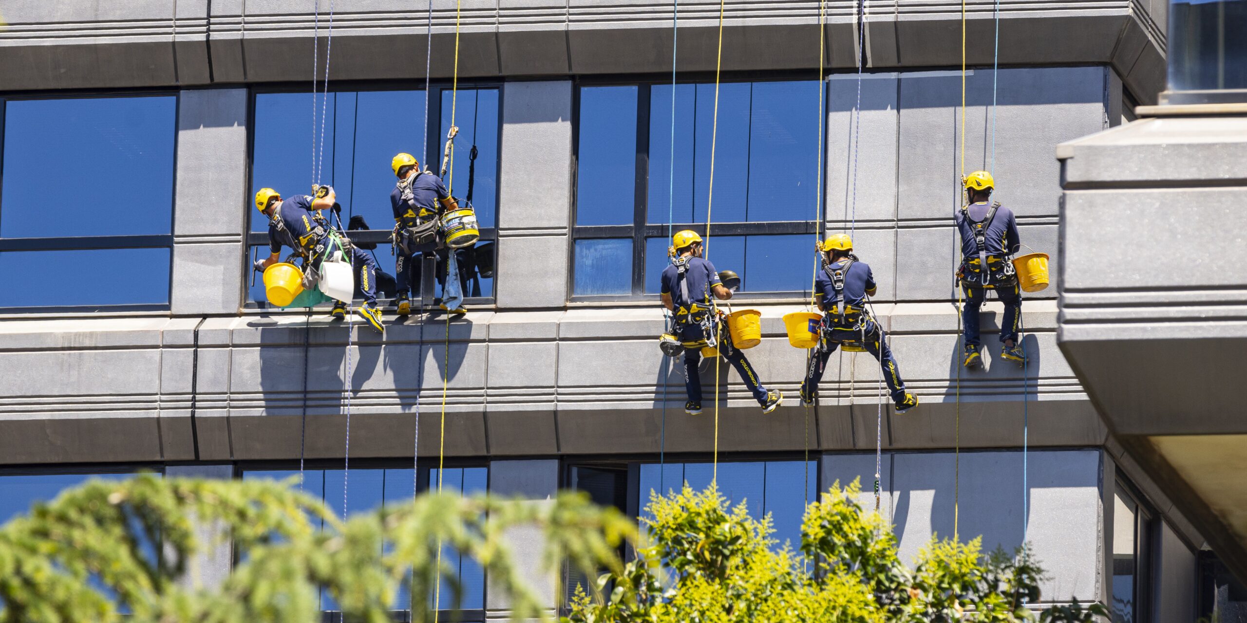 operai acrobatica su fune durante pulizia vetri di un condominio